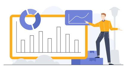 Man standing in front of chart, presenting data. Suitable for business presentations, financial reports, marketing materials, and statistical analysis.