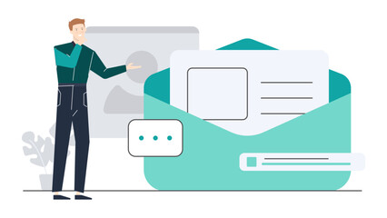 Man standing next to large green envelope. Suitable for business communications, marketing promotions, financial services, or mail delivery concepts.