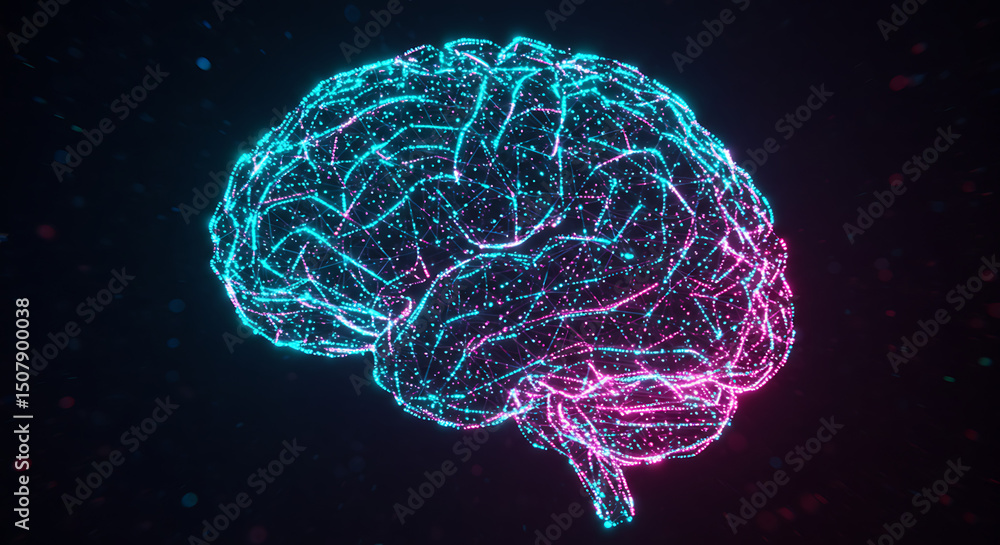 Poster abstract neon brain neural network artificial intelligence digital mind concept