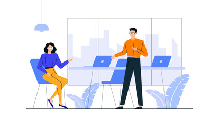 Two people working in office with laptops. Suitable for team collaboration, remote work, workplace dynamics, and business communication concepts.