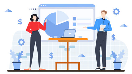 Presentation of pie chart on laptop by woman and man. Suitable for business reports, analytics, team meetings, and financial presentations.