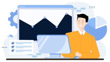 Smiling man working on computer with graph on screen. Suitable for business presentations, technology articles, workspace designs, and financial blogs.