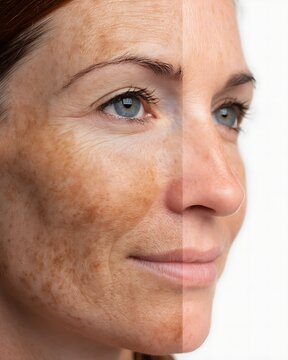 Before and after melasma and dark spot treatment, female skin close-up, isolated on white. Effective skincare transformation.