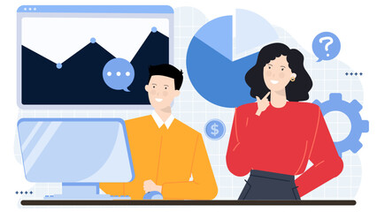 Two people analyzing a graph on a computer screen together. Suitable for illustrating teamwork, collaboration, data analysis, business meeting concepts.