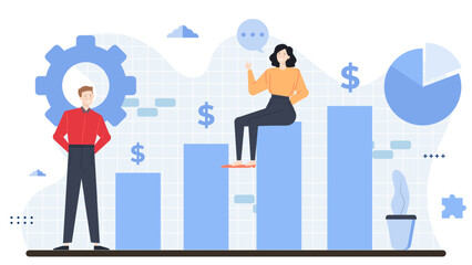 Business graphic with man standing, woman on bar graphs. Suitable for presentations, financial reports, business articles, and marketing materials.