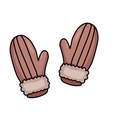 A cozy pair of winter gloves with a soft furry lining. Hand-drawn in a cute vector style, perfect for cold weather, seasonal designs, and fashion accessories