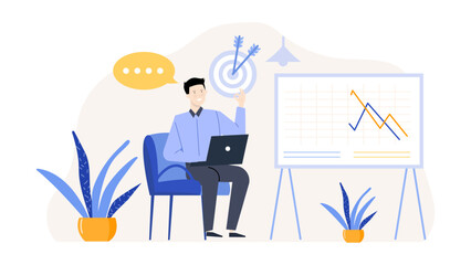 Man using laptop and whiteboard. Suitable for technology, education, remote work, business, presentation, communication, and online learning concepts.