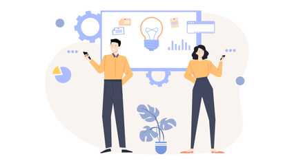 Great business brainstorming session with a whiteboard and lightbulb. Perfect for presentations, teamwork, creativity, innovation, brainstorming concepts.