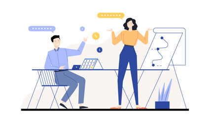 Two people discussing business and finances. Suitable for business presentations, financial articles, corporate blogs, and marketing materials.