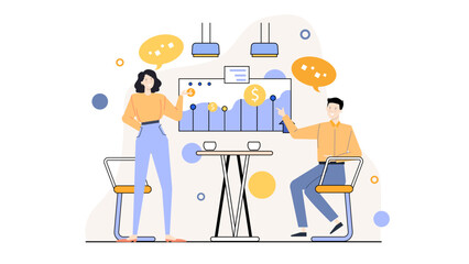 Two people discussing a profit chart, suitable for financial presentations, business articles, teamwork concept illustrations, and office discussions.