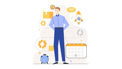 Man next to calendar and rocket, symbolizing planning and ambition. Ideal for business, goalsetting, time management, and success concepts.