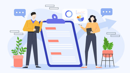 Man and woman presenting a clipboard together, suitable for business presentations, teamwork concepts, surveys, customer feedback, and agreement signing visuals.