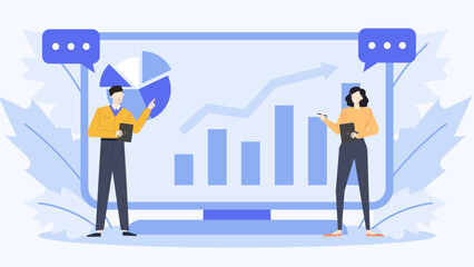 Two people analyzing graphs and pie chart, suitable for business presentations, data analysis concepts, financial reports, and teamwork discussions.