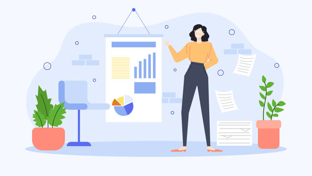 Woman presenting data with charts and graphs, suitable for business, marketing, financial presentations, educational materials, and reports on market trends.