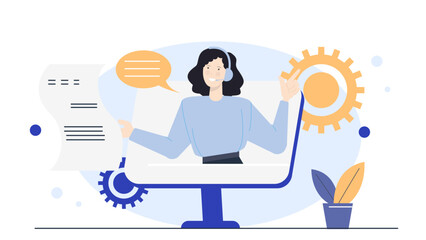 Woman with a headset pointing to a gear, suitable for tech support, customer service, teamwork, engineering, communication, industrial concepts.