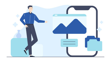 Man pointing at a phone with blue icons. Suitable for technology related content, virtual communication, mobile apps, and digital marketing concepts.