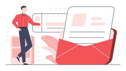 Man pointing at an envelope, ideal for business communication concepts, mail services, financial investment promotions, and customer engagement illustrations.