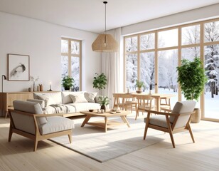 Cozy modern living room with snowy winter view