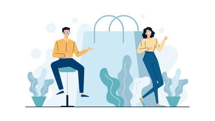 Man in a yellow shirt and woman with large blue bag, in casual setting. Perfect for lifestyle, travel, partnership concepts.