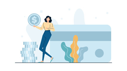 Financial literacy concept with woman and coins. Suitable for finance or banking presentations, articles, blog posts, or social media content.