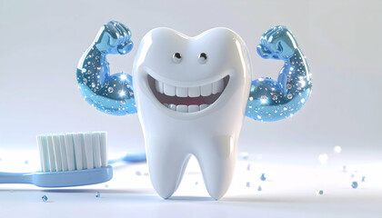 Strong Teeth A 3D Animated Tooth Character Flexing Muscles, Promoting Oral Hygiene
