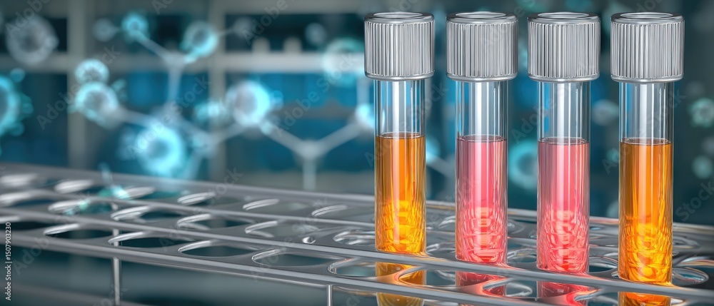 Poster four test tubes with colored liquids in a laboratory setting, with molecular structures in the blurr