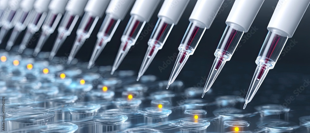 Poster multiple robotic pipettes dispense liquid samples into a row of laboratory wells in a high-tech auto