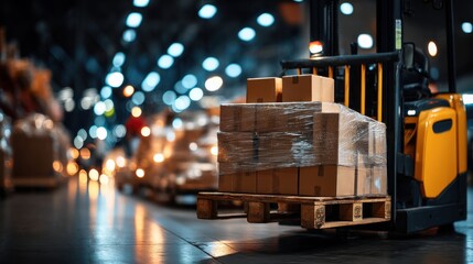 Forklift Transporting Pallet of Boxes in Warehouse
