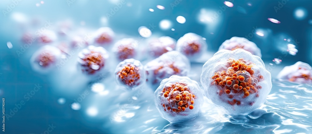 Poster microscopic view of biological cells with detailed structures, floating in a blue, fluid-like enviro