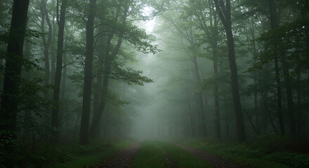 Obraz premium Mysterious Foggy Forest Path Enchanting Green Trees and Misty Woodland Trail