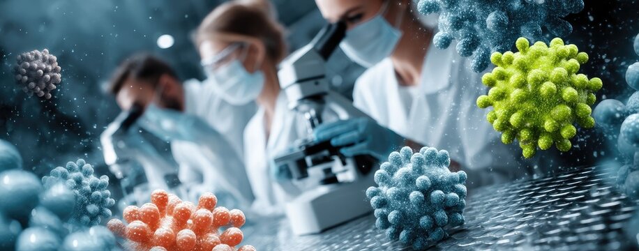 Scientists in lab coats analyze viruses under microscopes, studying colorful virus models for research and discovery.