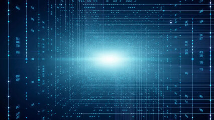Obraz premium Abstract blue digital technology background with flowing binary code pattern and futuristic light illustration