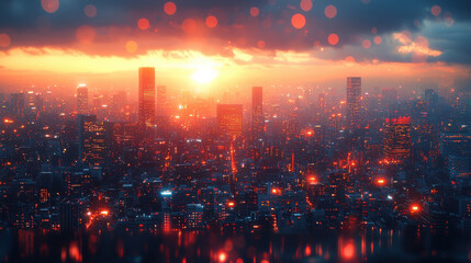 Fototapeta premium A blurred cityscape, a backdrop for a business presentation, stretches out before a modern office workspace, bathed in the warm glow of evening light, rendered in a style reminiscent of AI art,8k 