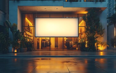 Storefront mockup with blank sign and warm lighting at night


