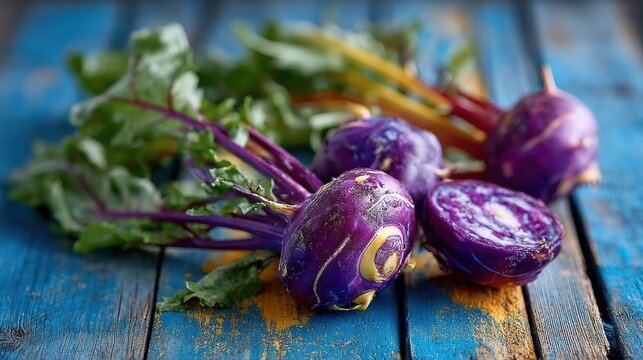 Fresh Purple Kohlrabi on Rustic Blue Wood
