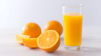 Fresh Orange Juice with Whole Oranges on a Wooden Table Surrounded by Bright Light and Soft Shadows