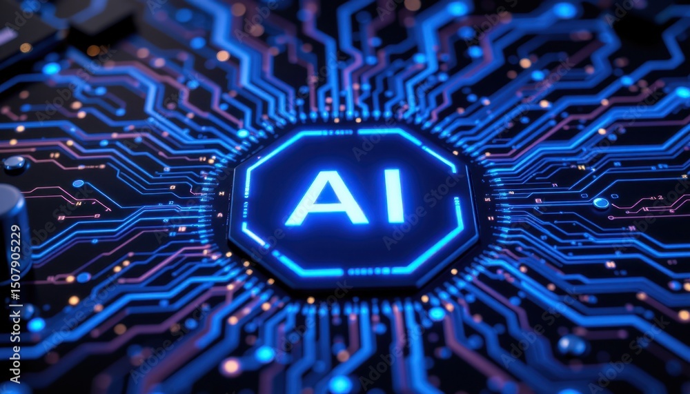 Poster exploring ai technology digital circuit board graphic design futuristic environment close-up view in