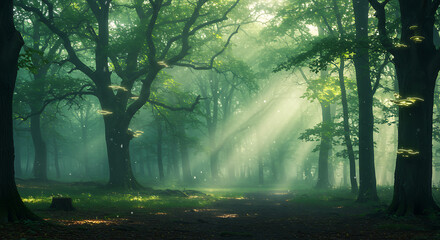 Obraz premium Enchanting Sunbeams in a Mystical Foggy Forest Path