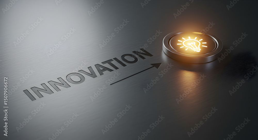 Poster highlighted innovation word with lightbulb icon on reflective gray surface idea creativity solution 