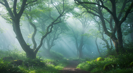 Obraz premium Enchanting Foggy Forest Path Sunbeams Through Lush Green Trees