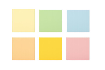 Fototapeta premium Six pastel-colored sticky notes arranged on a transparent background, offering a vibrant and versatile tool for reminders, notes, or creative projects