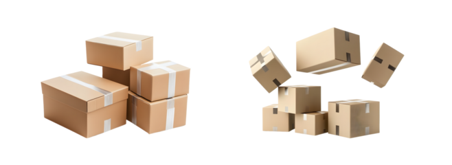 set of Cardboard boxes in various positions against a white background.