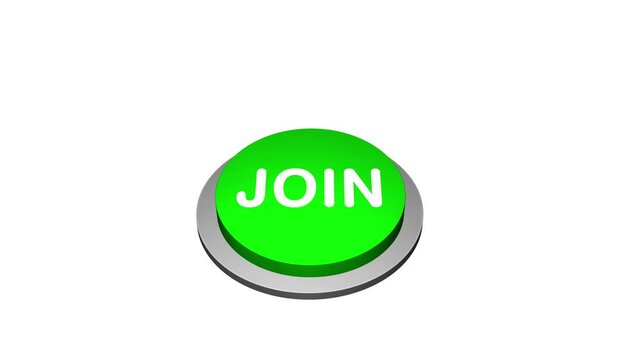 Pressing 3d Join round button animation on white and green background. Round button with the word Join . pushing Join Button Animation. 3d big Pressing Join button
