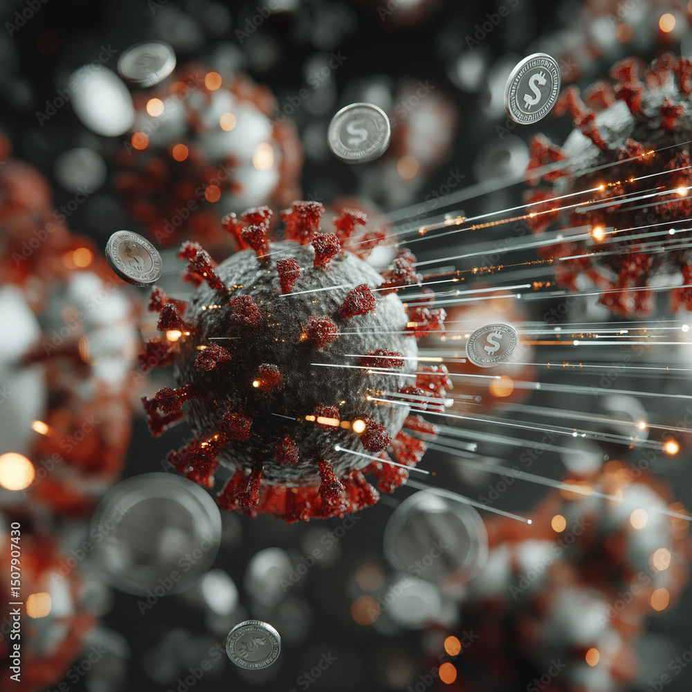 Poster synthetic identity fraud. 3d render of a virus representing identity theft in financial systems.