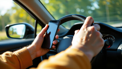 Distracted driving with person holding smartphone while steering vehicle. This scene highlights dangers of multitasking road