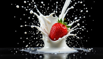 Vibrant strawberry splashes into white milk, creating exciting explosion of droplets against dark background