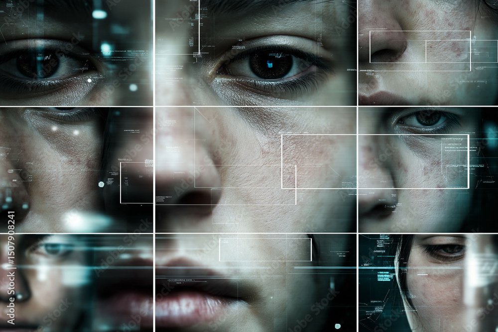 Poster deepfake cyber attack. close-up of ai altering facial expressions in a digital context.