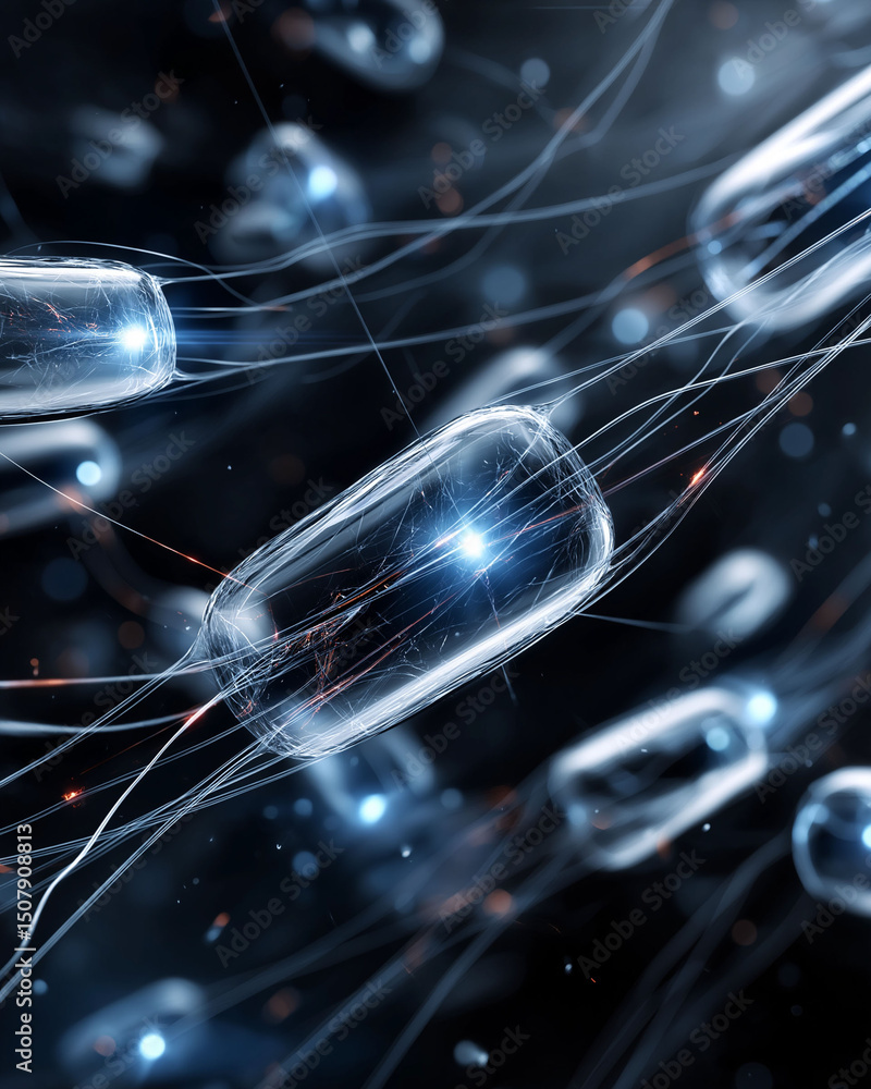 Poster cell overwhelming. futuristic ai nanobots interacting with biological systems in a conceptual image.
