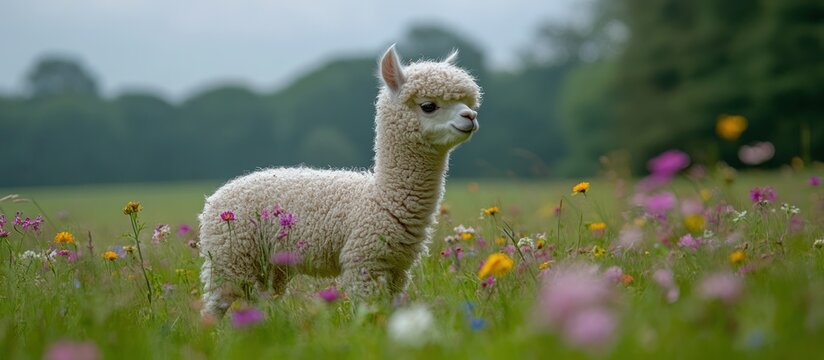 Cute alpaca cria in a vibrant meadow.