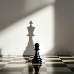 Black Chess Pawn Casting Queen's Shadow, Symbol of Ambition, Growth, and Strategic Potential in Chess